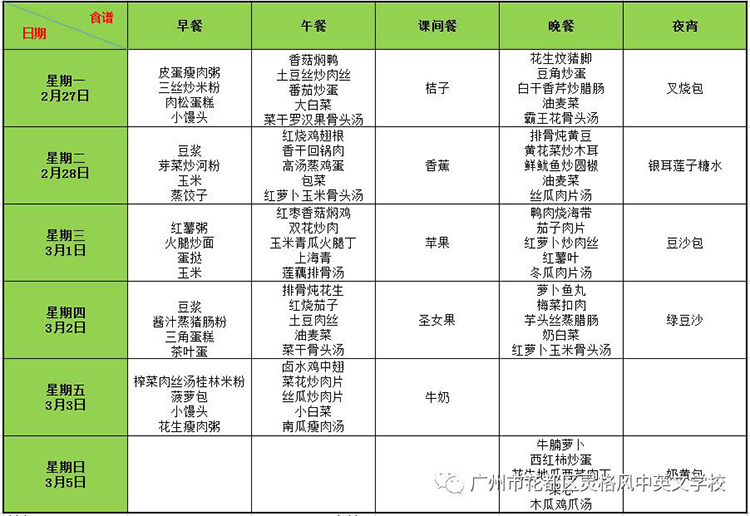 灵格风中英文学校2月27日-3月5日(第3周)学生营养食谱